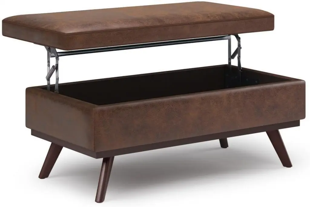 YGDU Owen 42 Inch Rectangle Lift Top Coffee Table Storage Ottoman Distressed Chestnut Brown Faux Leather