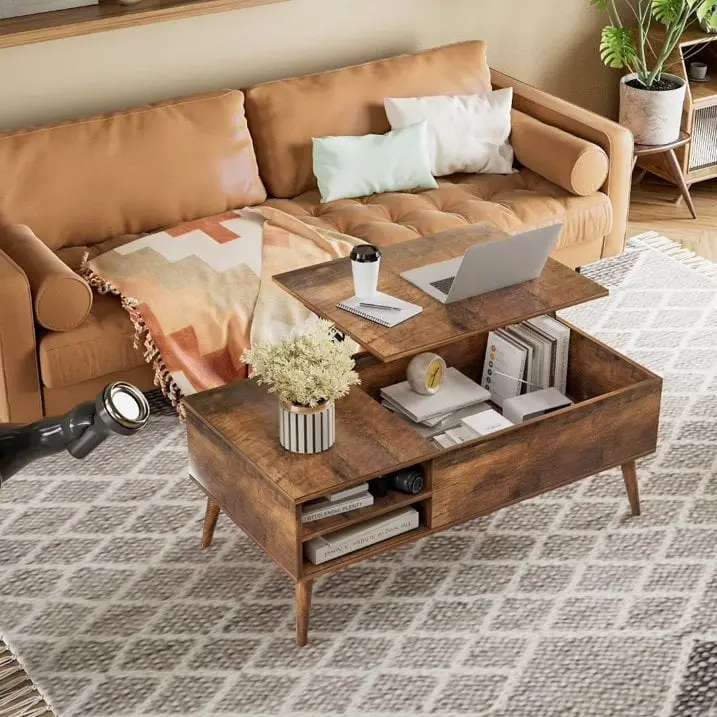 Lift Top Coffee Table Hidden Compartment and Adjustable Storage Shelf DJ Corp Design