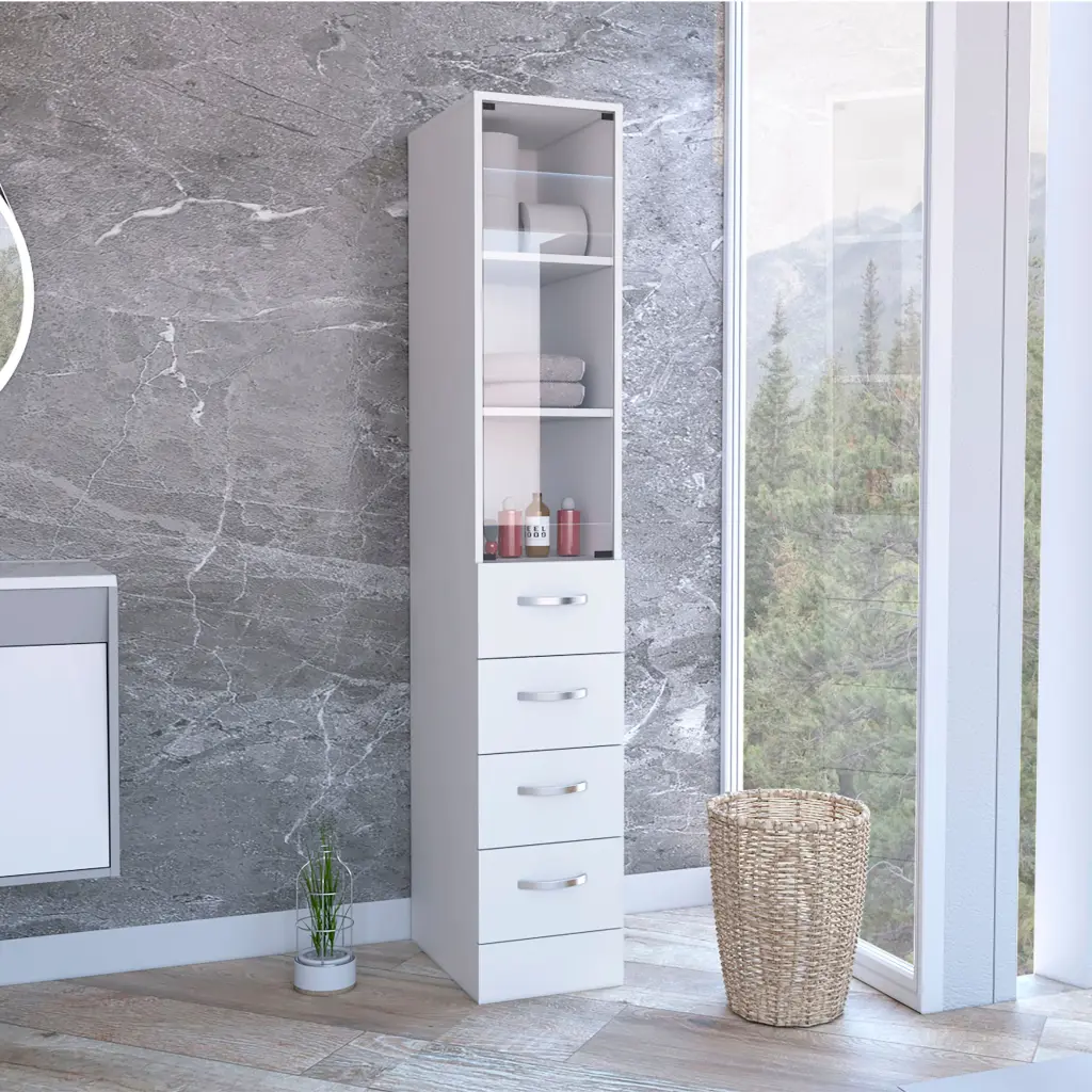 Linen Cabinet 68 Inches H Three Shelves Four Drawers And Metallic Handles White depot e-shop