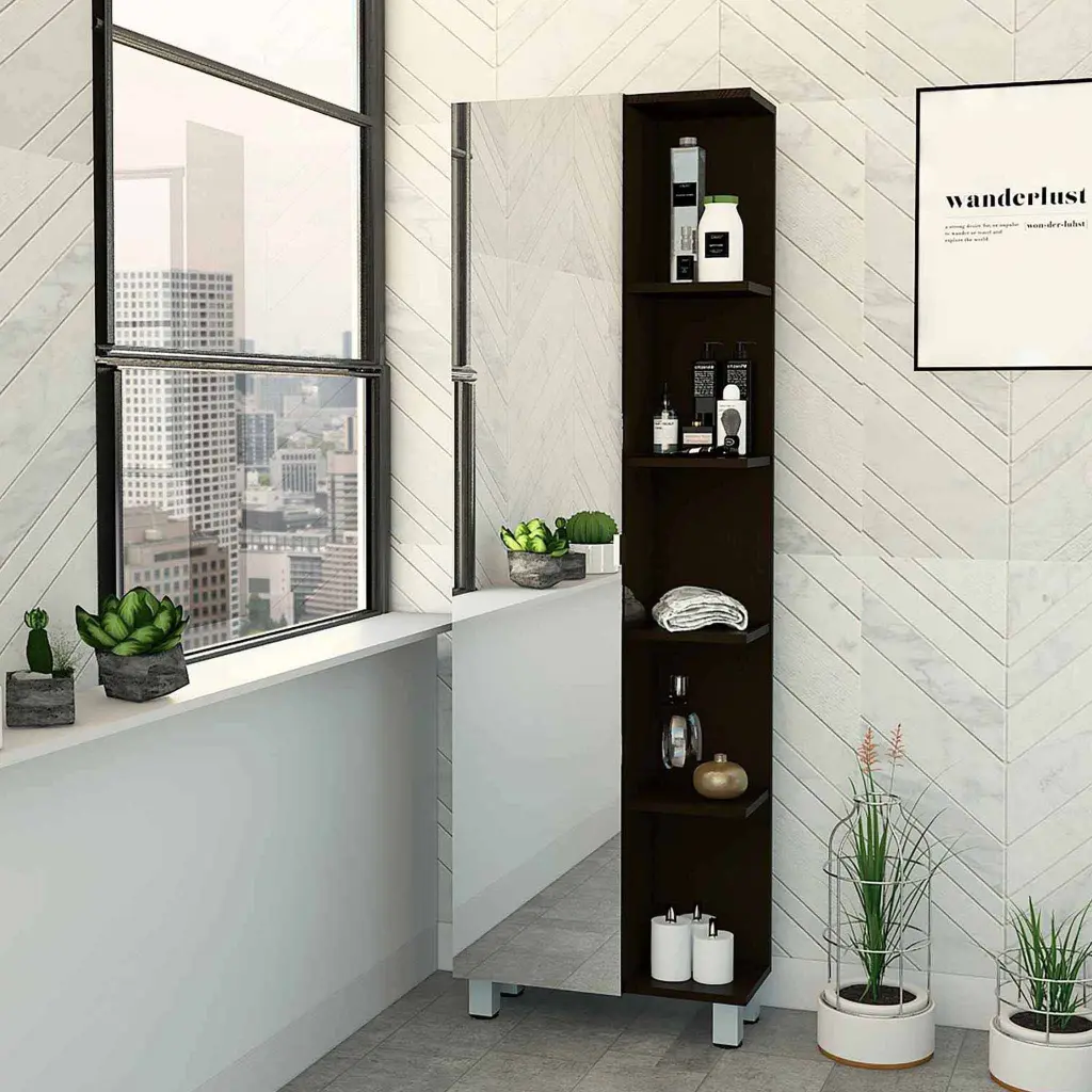 Black Wengue 5 Shelf Linen Cabinet Mirror Particle Board furniture max