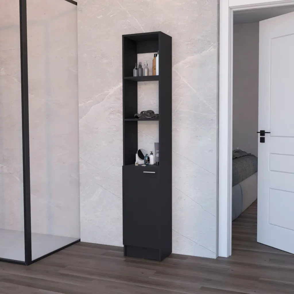 Brenda Black Linen Cabinet 1 Door and 3 Open Shelves 60 Inch Storage Organizer rta mubles colombia