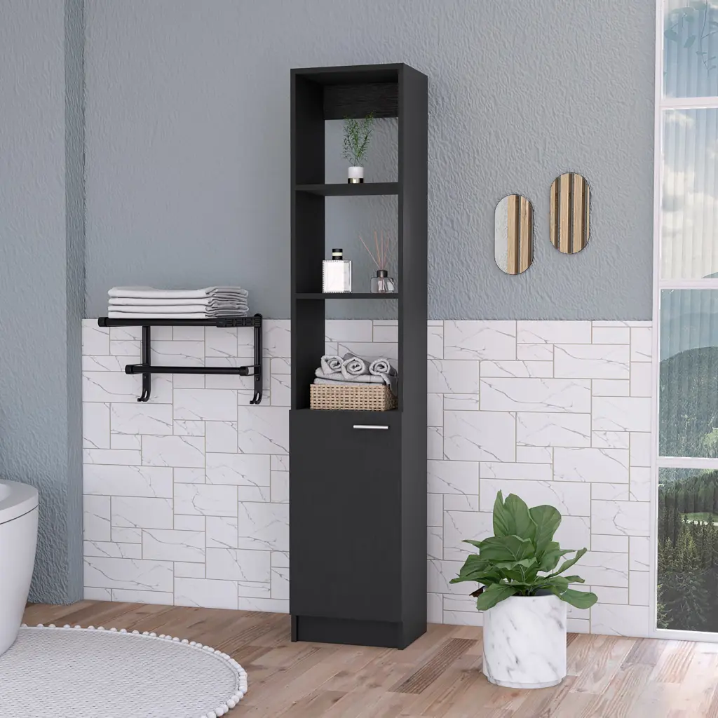 Kansas Linen Cabinet Three Shelves One Cabinet Black MDF Engineered rta muebles colombia