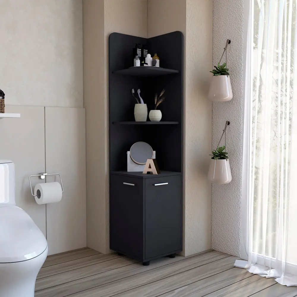Malibu 62 Inch Tall Double Door Corner Linen Cabinet Four Shelves Black rta muebles colombia