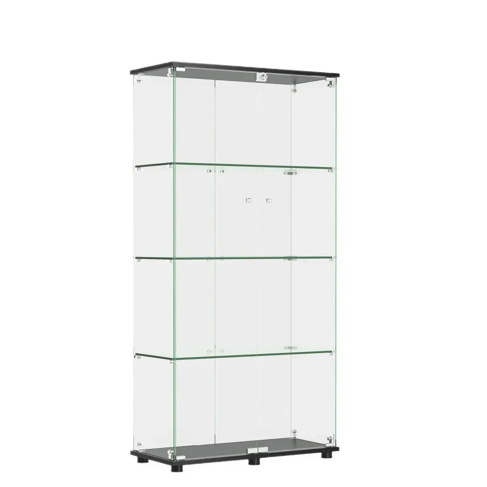 Modern Glass Display Cabinet 4 Shelf Double Doors And Lock, Tempered Glass Bookshelf Living Room - Black