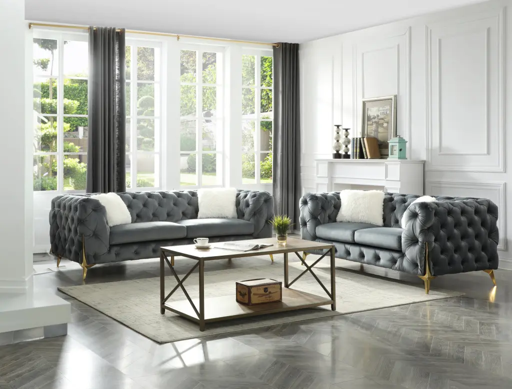 Moderno Tufted 2 Piece Living Room Set Finished Velvet Material Gray galaxy home furnishings