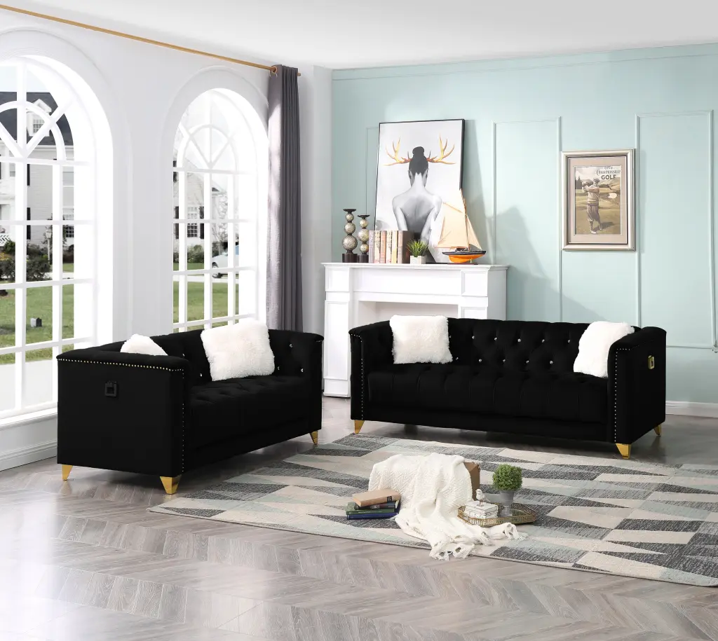 2 Piece Living Room Set Black Black Velvet 5 Seat Sofa galaxy home furnishings