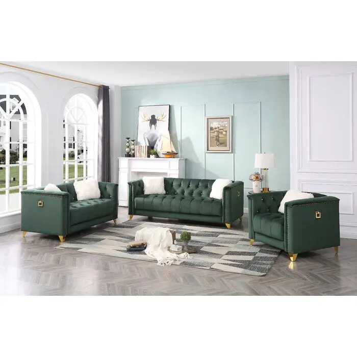 Tufted Upholstery 3Pc Living Room Set Finished Velvet Fabric Gray Modern galaxy home furnishings