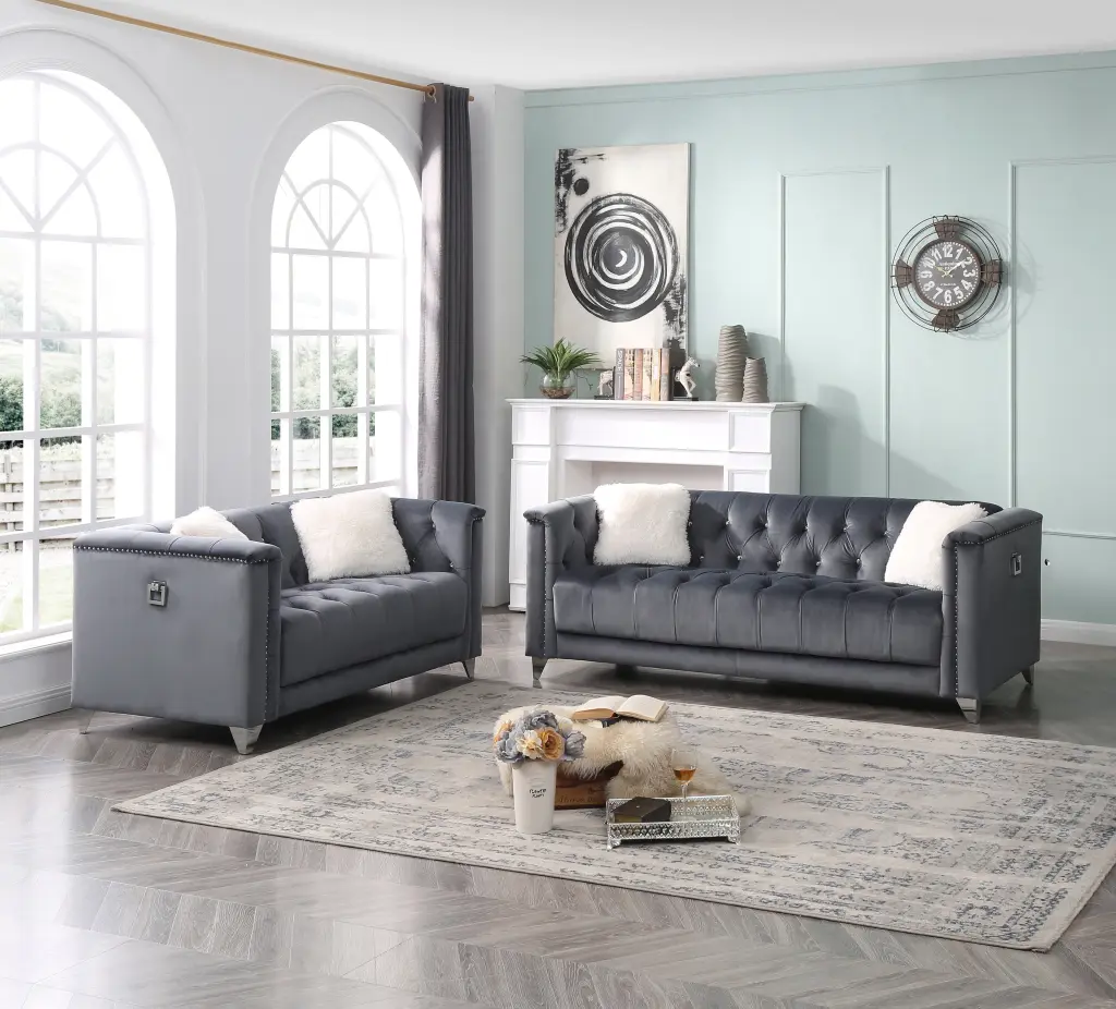 Tufted Upholstery 2 Piece Living Room Set Finished Velvet Fabric Gray galaxy home furnishings