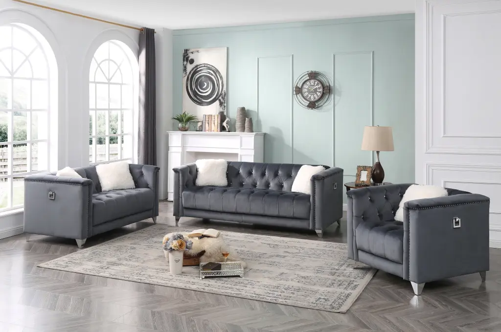 Tufted Upholstery 3 Piece Living Room Set Finished Velvet Fabric Gray galaxy home furnishings