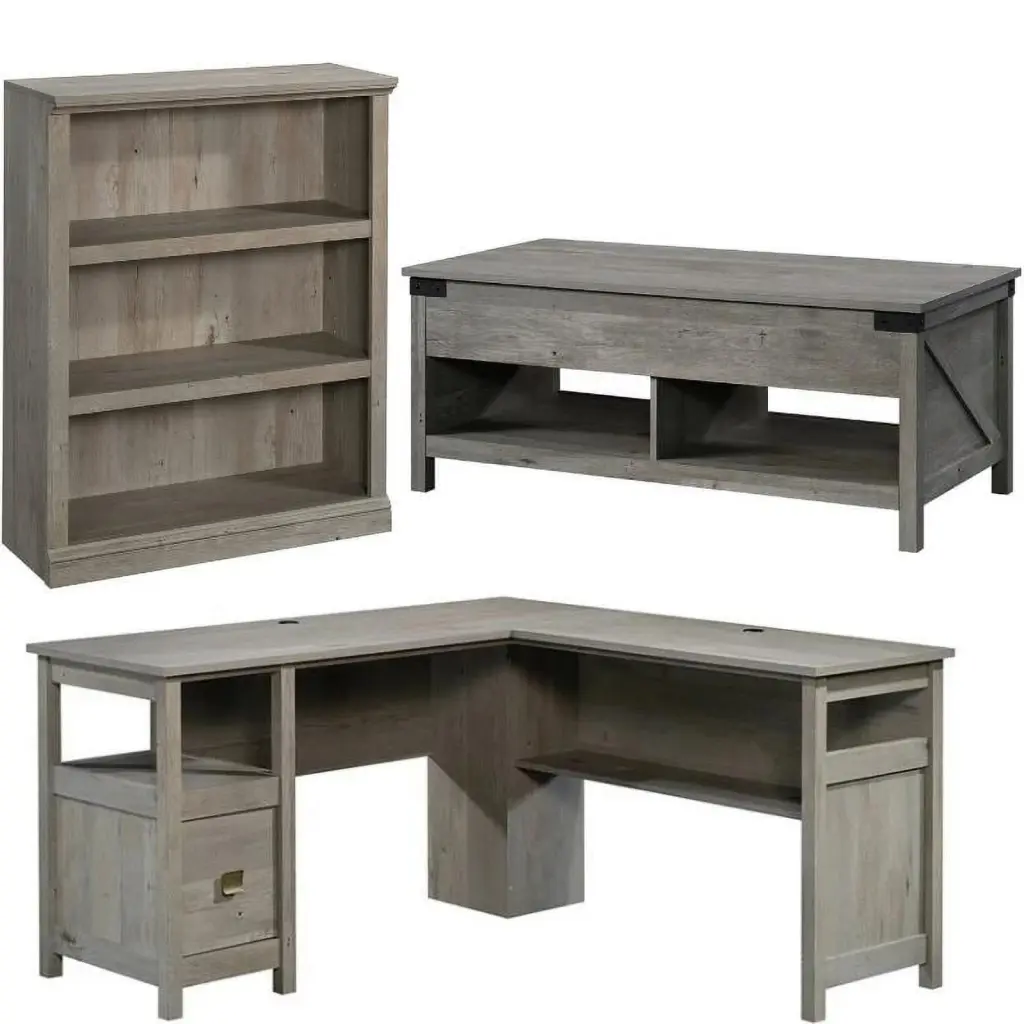 Home Square 3 Piece Set L Shaped Desk, 3-Shelf Bookcase, and Coffee Table