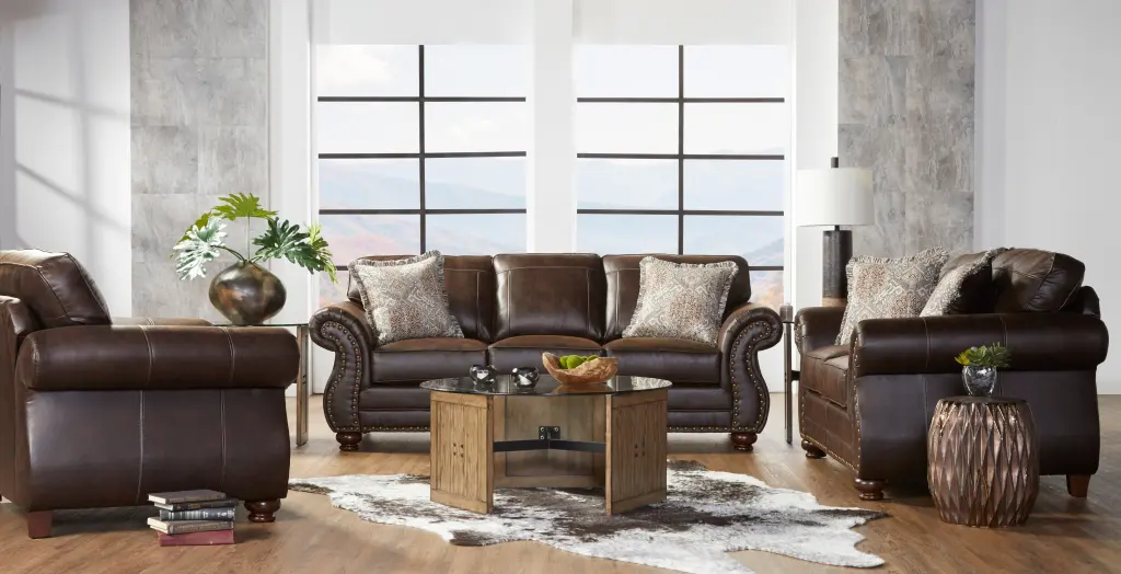 Leinster Faux Leather Upholstered Sofa, Loveseat, and Chair Set Espresso hz