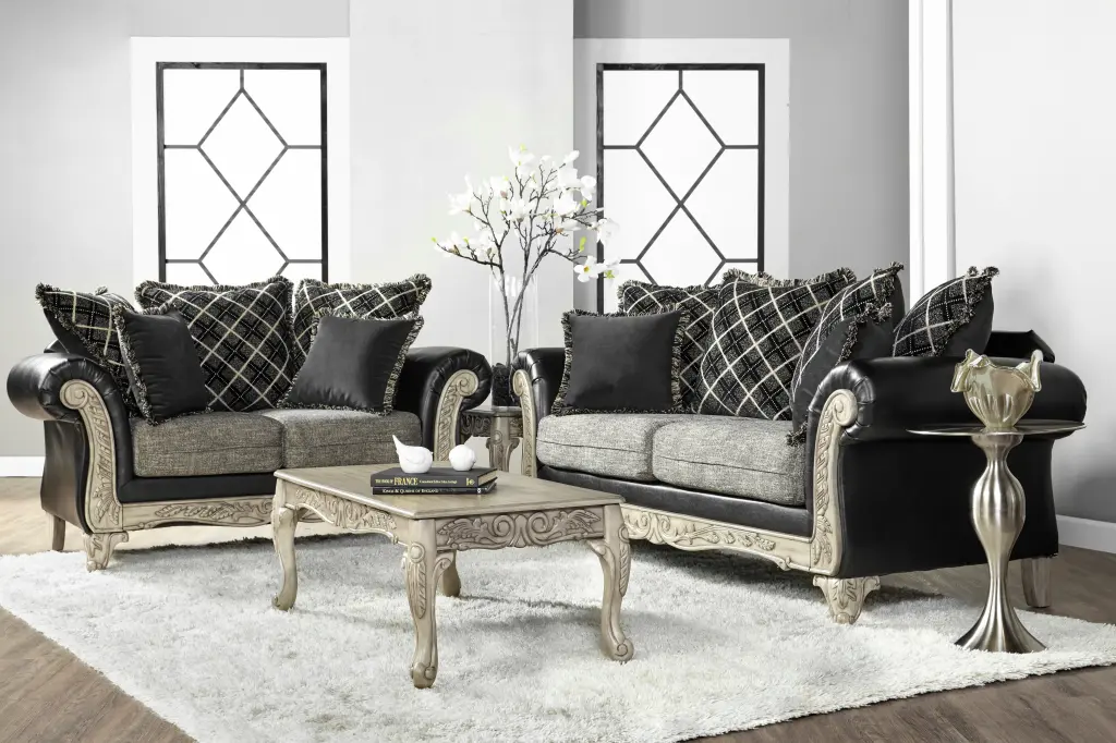San Marino 2 Tone Wood Frame Sofa and Loveseat Set 3 Tables hz