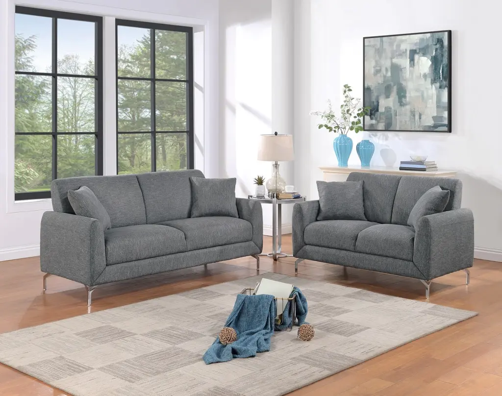 Elegant 2Pc Sofa Set Dark Gray Burlap Like Material Sofa Loveseat Pillows kanepe