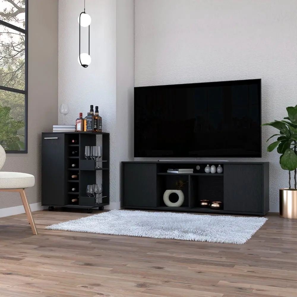 2 Piece Living Room Set - Magda Bar Cart + Dallas TV Stand Black OMCCHK