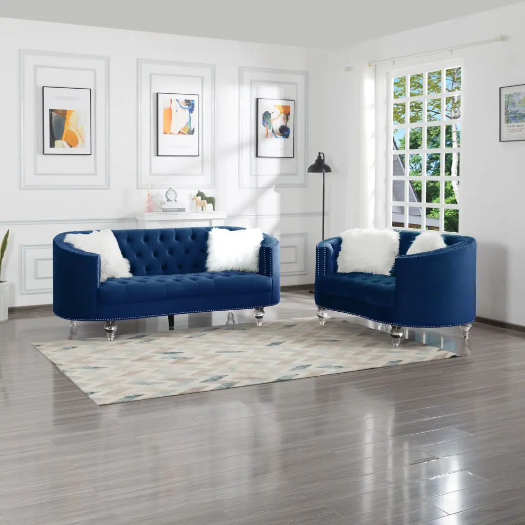 2 Piece Living Room Set Navy Blue Velvet 5 Seat Sofa and Loveseat relax lounge