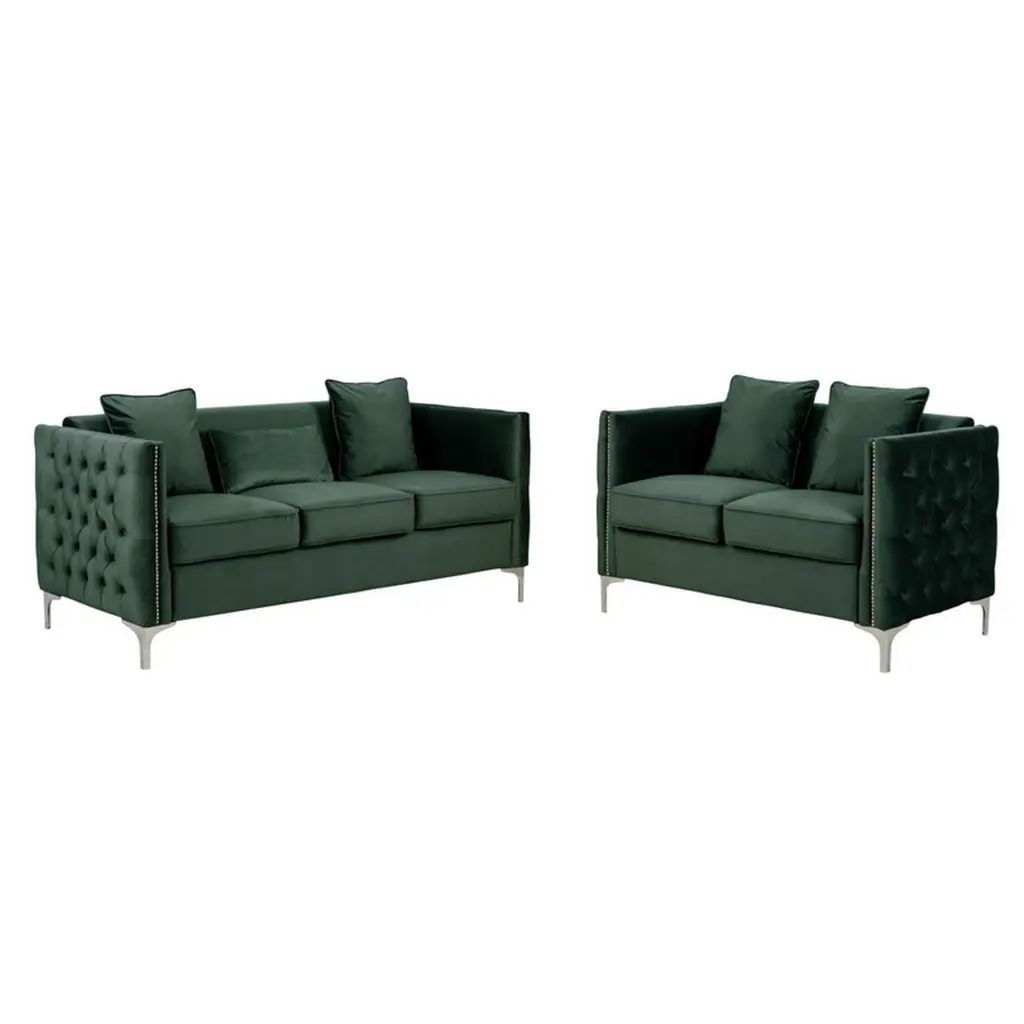 Joel Modern 2 Piece Sofa and Loveseat Set Tufted Green Velvet Living Room royal hampton
