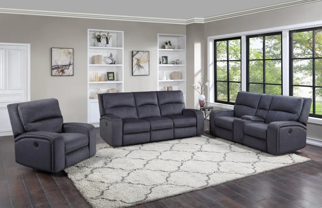 Lovell 3 Piece Power Living Room Set Dark Gray Faux Leather steve silver furniture