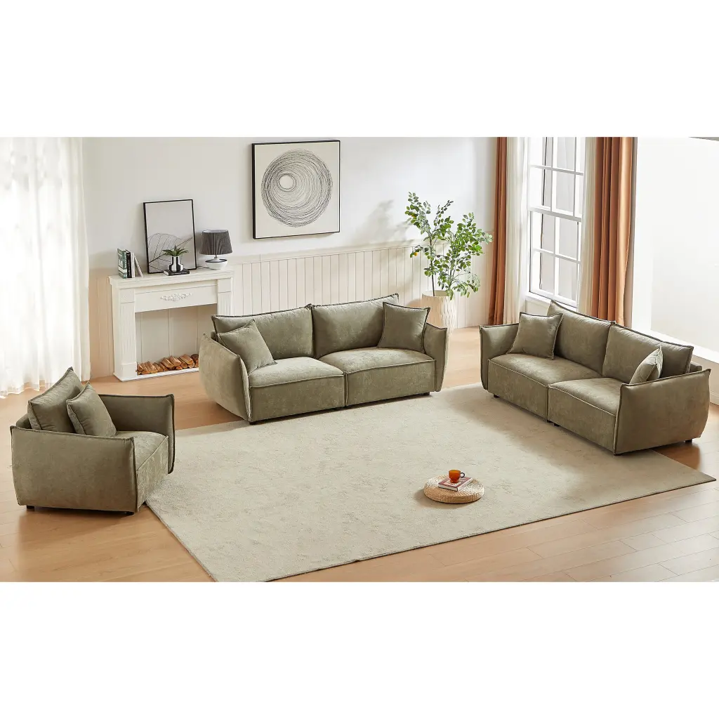 3 Piece Modern Living Room Sofa Set Linen Fabric Comfortable Seating w1193