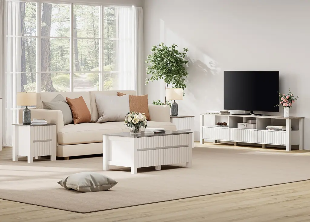 WAMPAT 4 Piece Living Room Table Set Modern TV Stand Coffee Table and End Tables Charging Station White