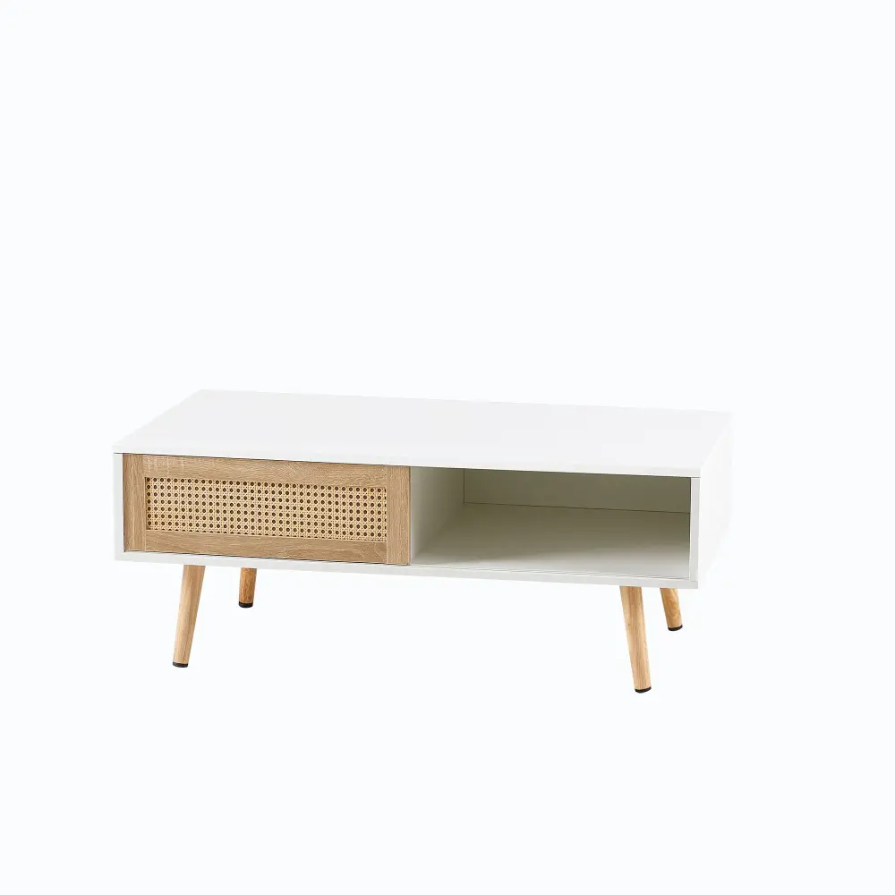 41.34" Rattan Coffee Table, Sliding Door Storage, Well-built Wood Legs, Modern Table Living Room
