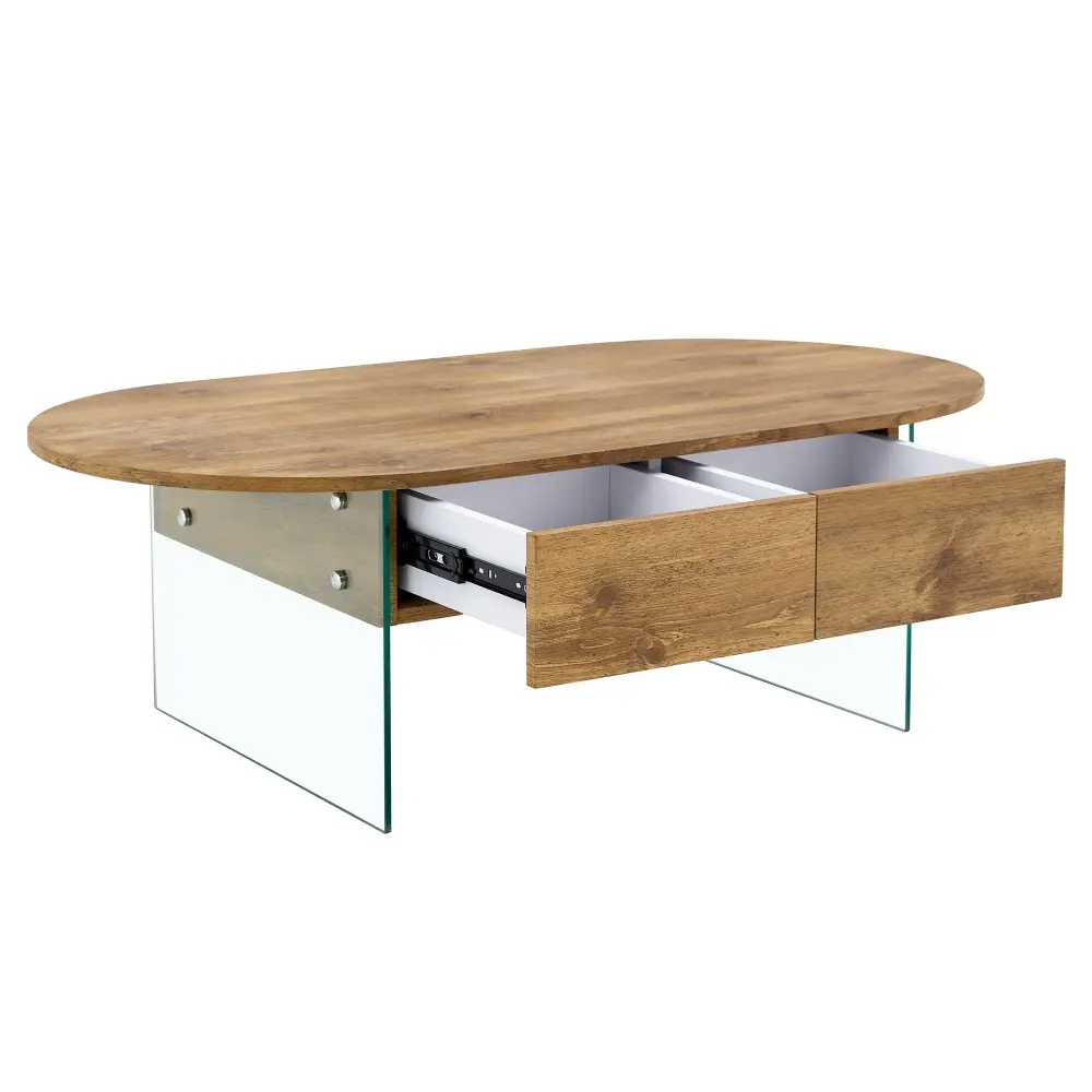 Elegant Coffee Table Double Drawers And Transparent Glass Sides - Wood