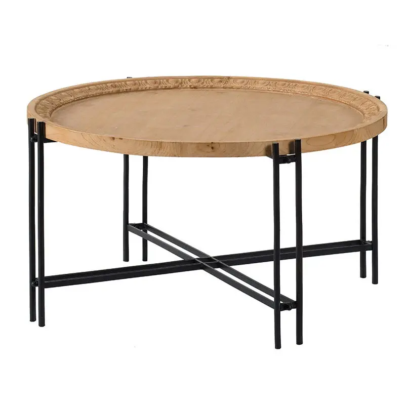 Farmhouse Round Wooden Round Coffee Table Metal Legs - Black / Chestnut