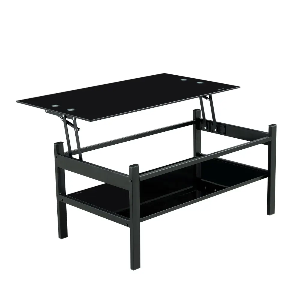 Glass Lift Top Coffee Table, Cutting-edge Simple 2-Layer Tempered Glass Coffee Table Living Room - Black