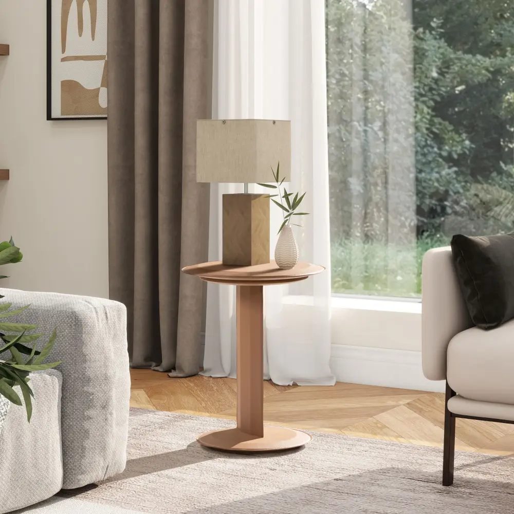 Mode - Leatherette Round C-Shaped Sofa Side Table - Saddle Cocoa