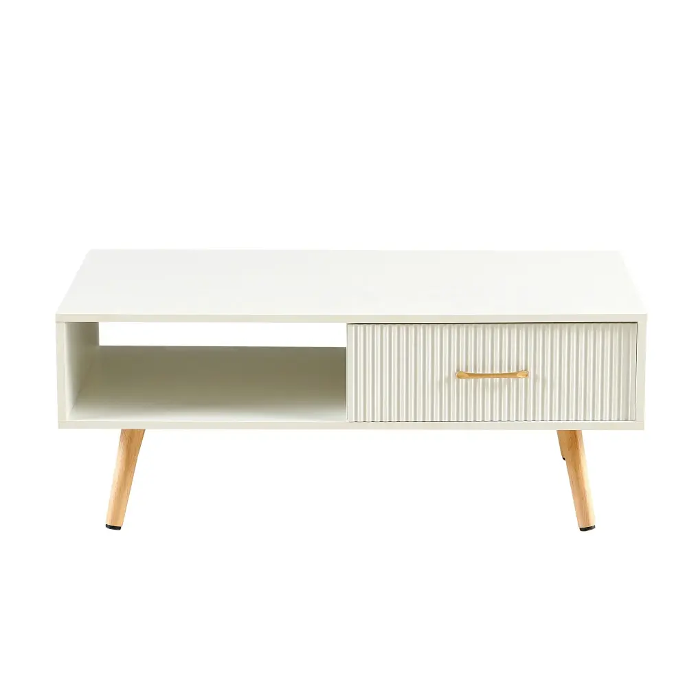 Modern Rectangle Coffee Table Legs, Sliding Drawer Storage - Alabaster