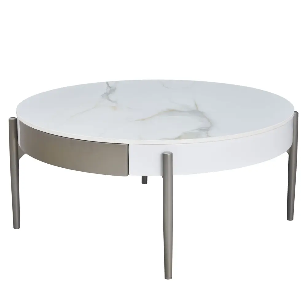 Modern Round Coffee Table Storage Drawers Handcrafted Ceramic Inlay Tabletop 2 Tone Wood Legs Scandinavian Living Room Cen...