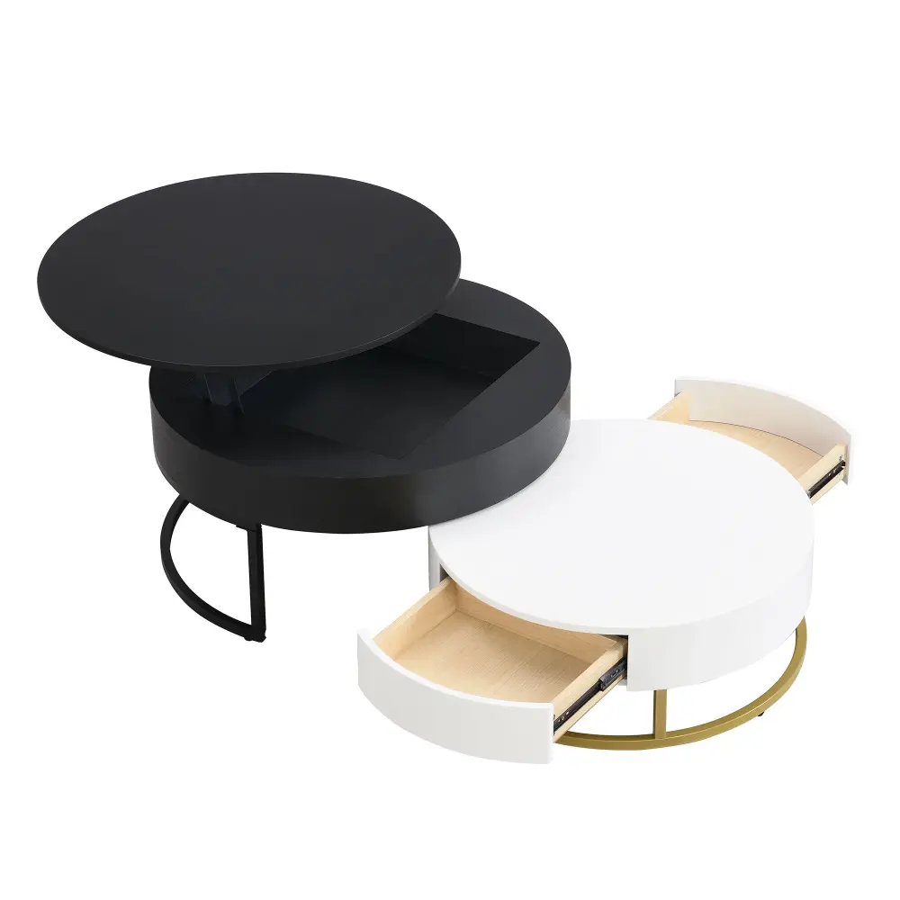 Modern Round Lift-Top Nesting Coffee Tables 2 Drawers