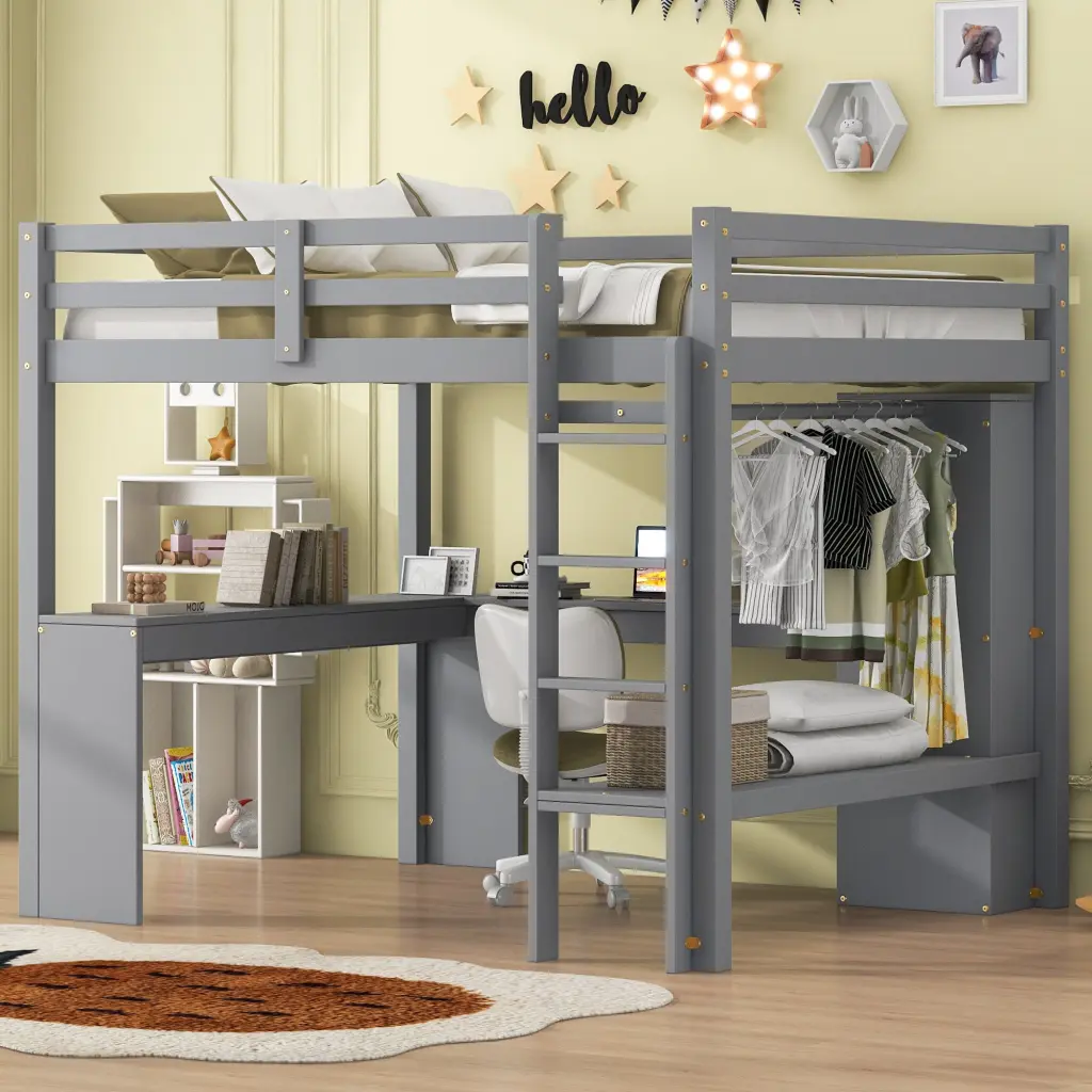Full Size Loft Bed L Shaped Desk Wardrobe And Storage Shelves Gray wm store