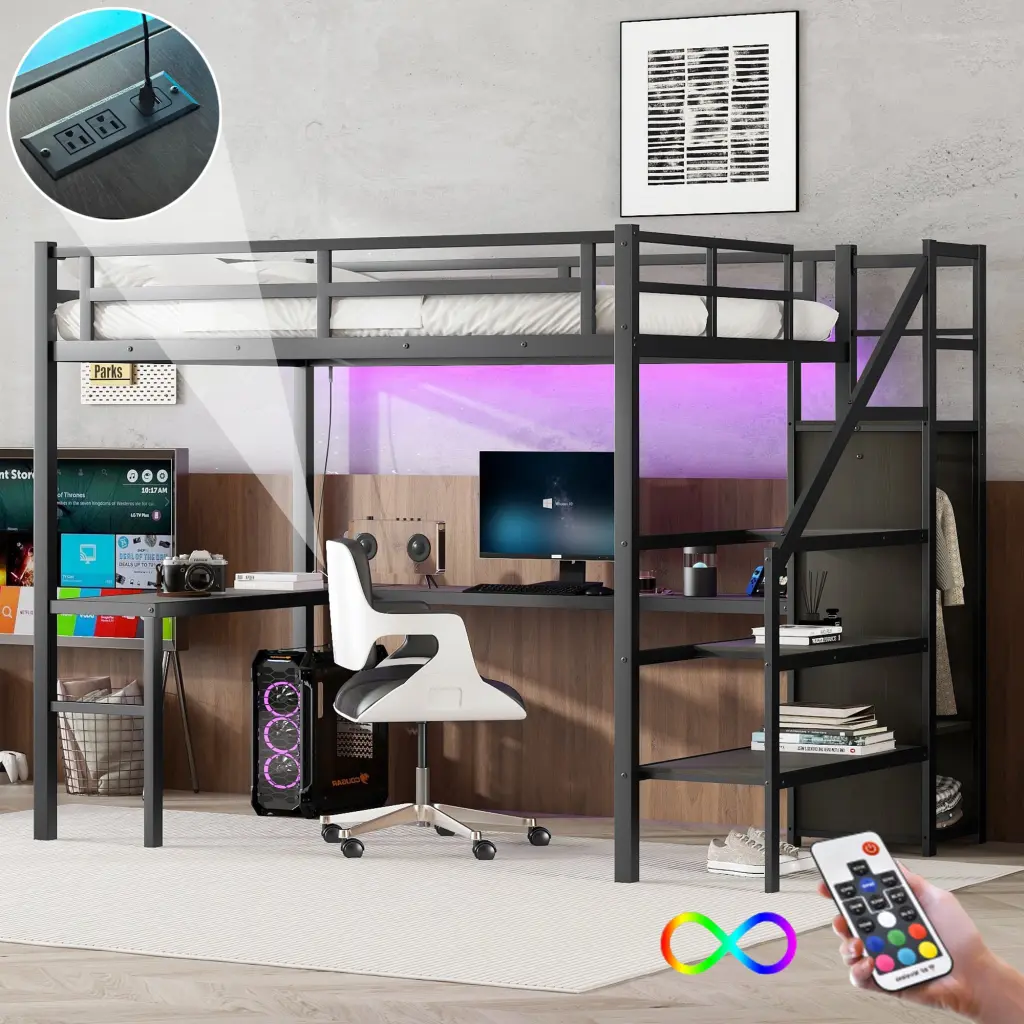 Full XL Dimensions Loft Bed L Shaped Desk And USB Metallic Loft Bed Storage bonwell