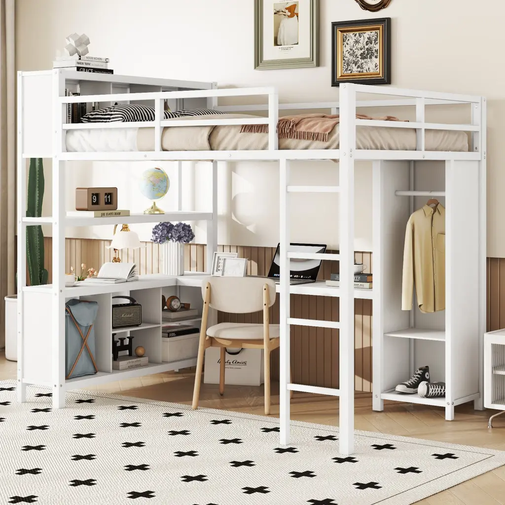 Full Size Metal Loft Bed Wardrobe and Desk bonwell