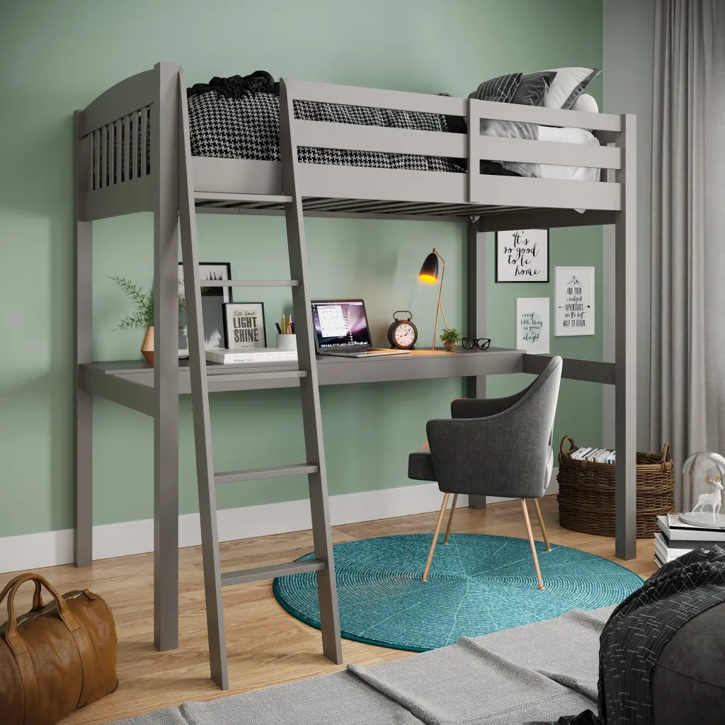 Everest Grey High Loft Bed Desk And Storage Heavy Duty Solid Wood brazil sustainable solid wood furniture