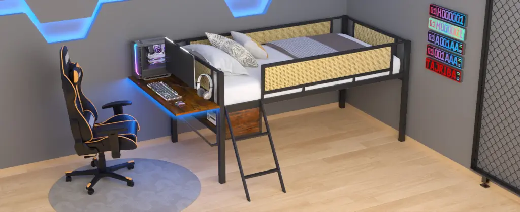 Single Metal Loft Bed Rectangular Desk and LED Lights chuangyuan wood industry