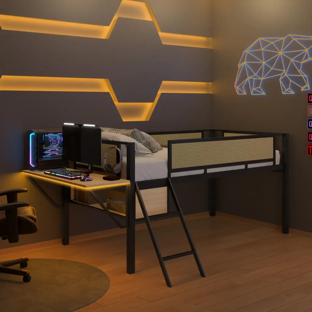 Single Metallic Loft Bed Rectangular Desk and LED Lights chuangyuan wood industry