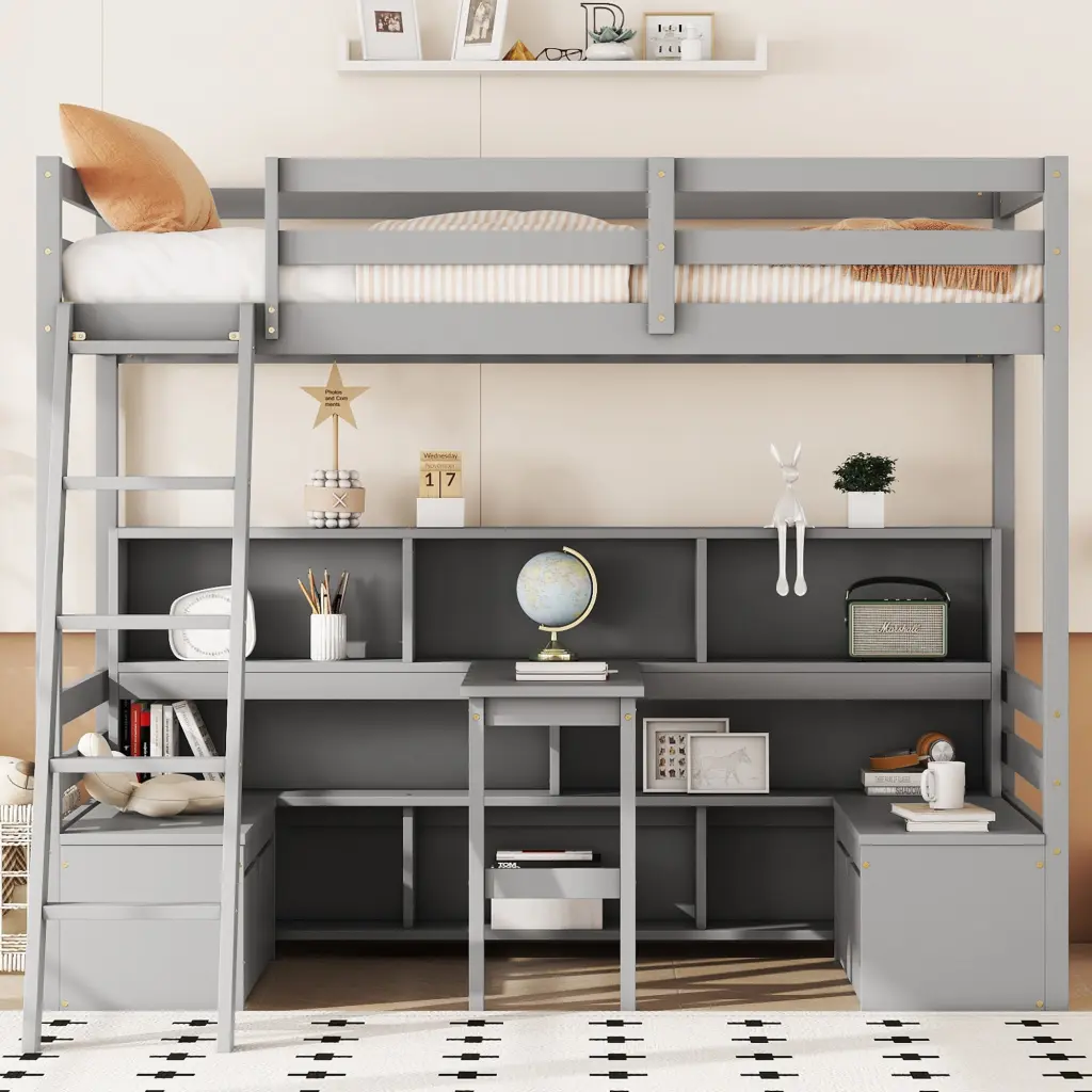 Twin Loft Bed Storage Shelves Drawers Seat and Desk Kids fangxing