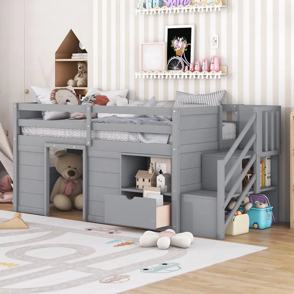 Twin Low Loft Bed Stair, Drawer, and Shelf - Solid Wood Space Saving Kids Bed fangxing