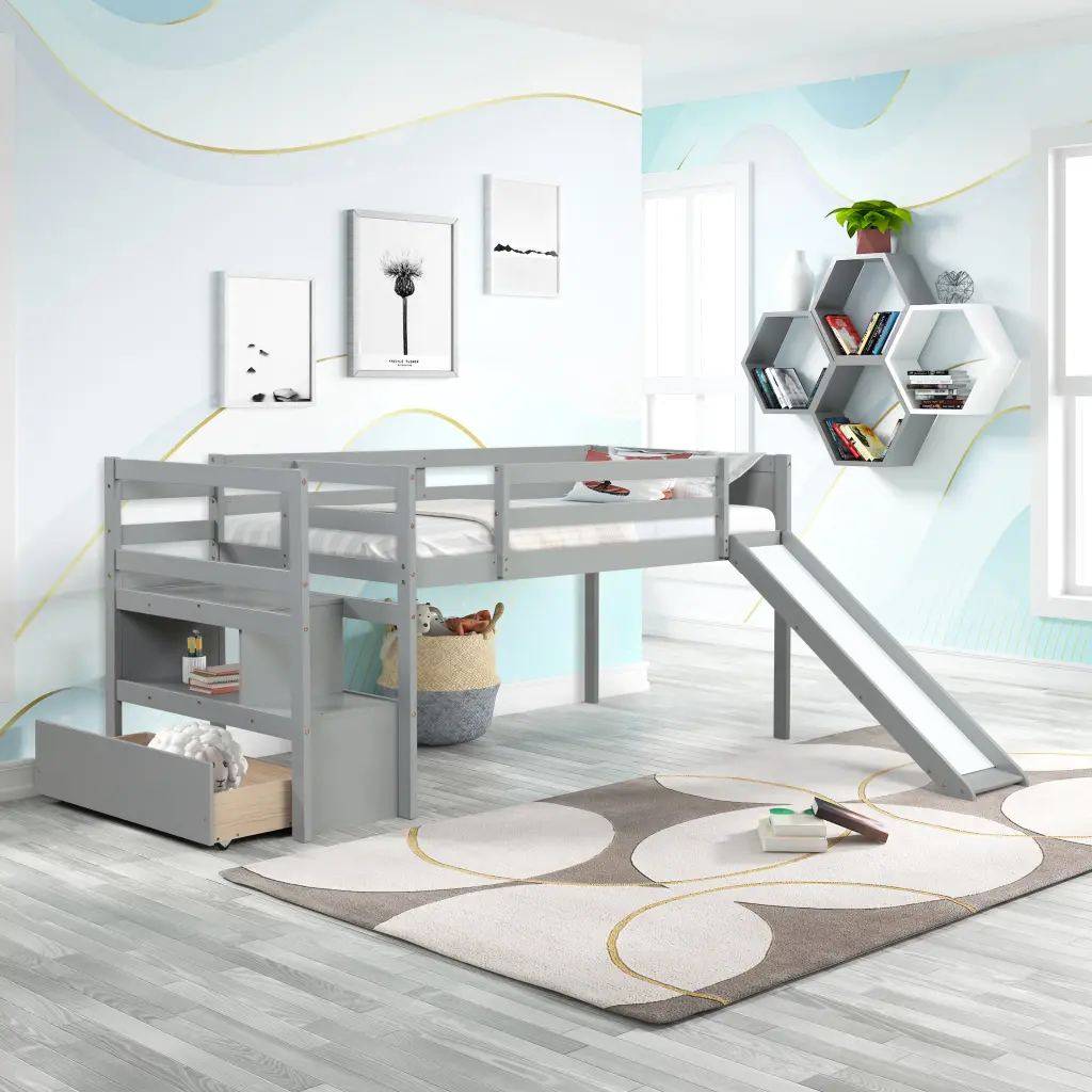 Twin Low Loft Bed Stairs and Slide Gray Solid Timber Finish fangxing