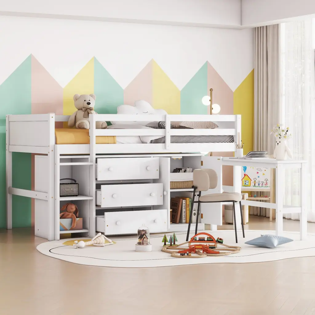 Twin Size Low Loft Bed Pull Out Desk, Drawers, Cabinet, and Shelves fangxing