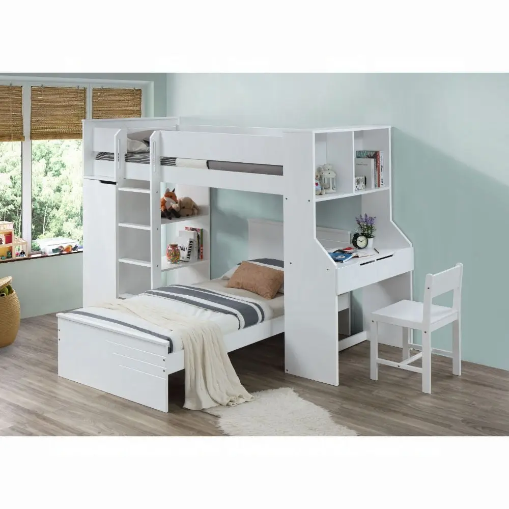 White Twin Loft Bed Desk and Wardrobe Bedroom MDF and LVL furniture max