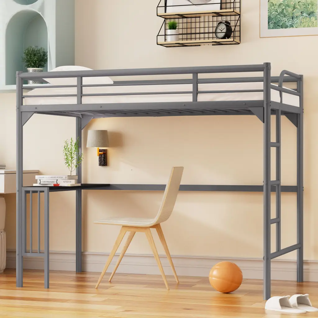 Twin Metal Loft Bed Desk, Ladder And Guardrails, Bookdesk Under Bed hengbo store