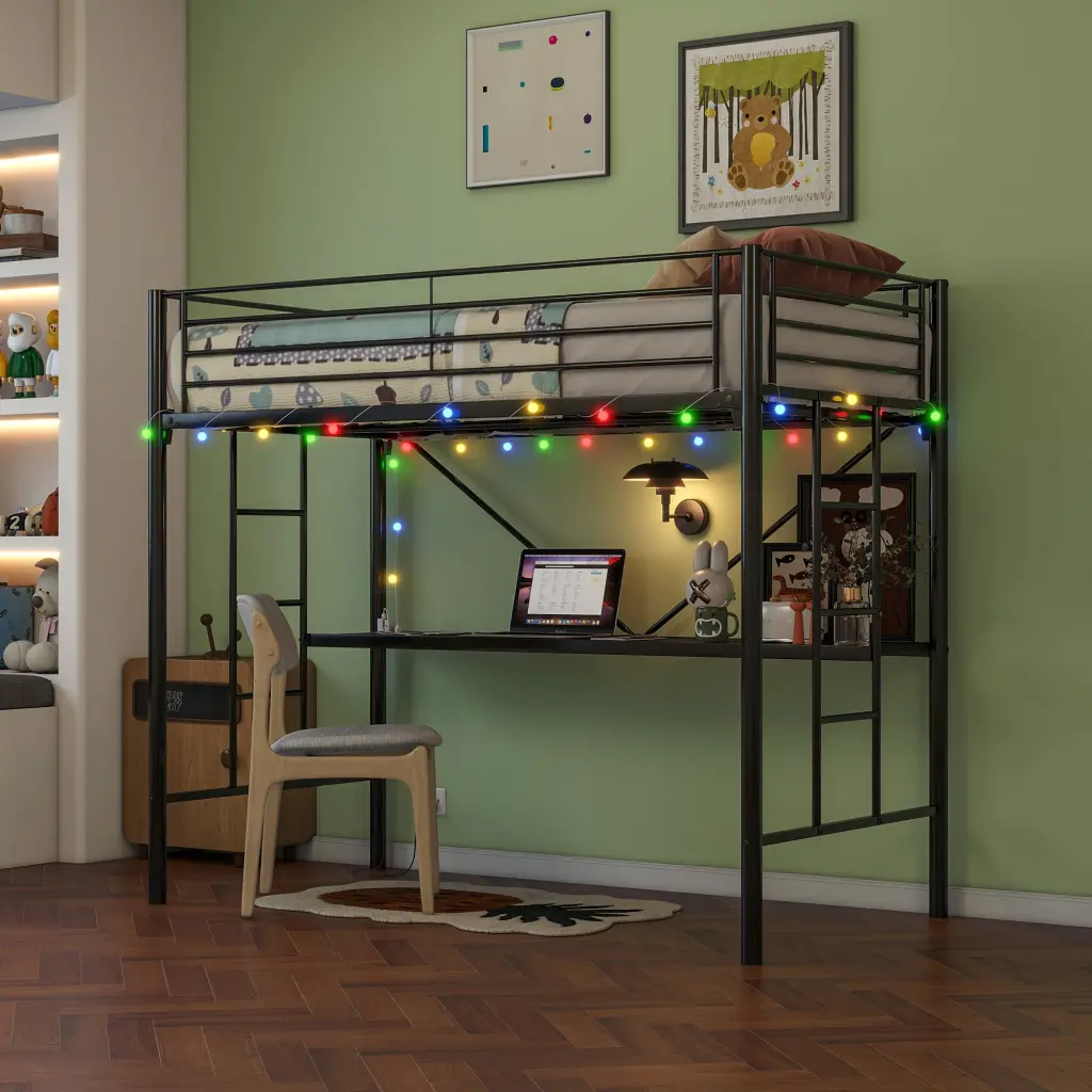 Twin Metallic Loft Bed Desk Power Outlet And LED Lights Safety Guardrails home furniture
