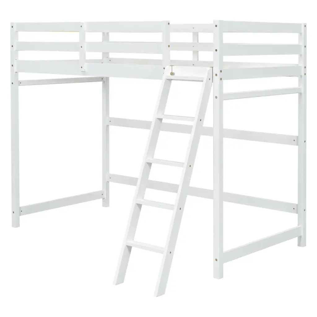 Twin High Loft Bed Inclined Ladder Guardrails White Finish inspirit