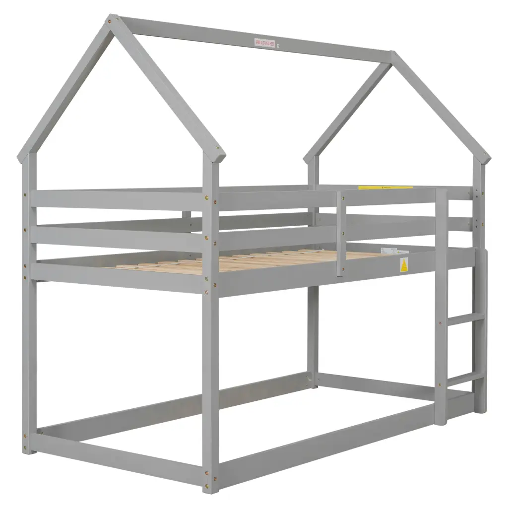 Twin Over Twin Loft Bed Roof Design Safety Guardrail Ladder Gray Finish inspirit