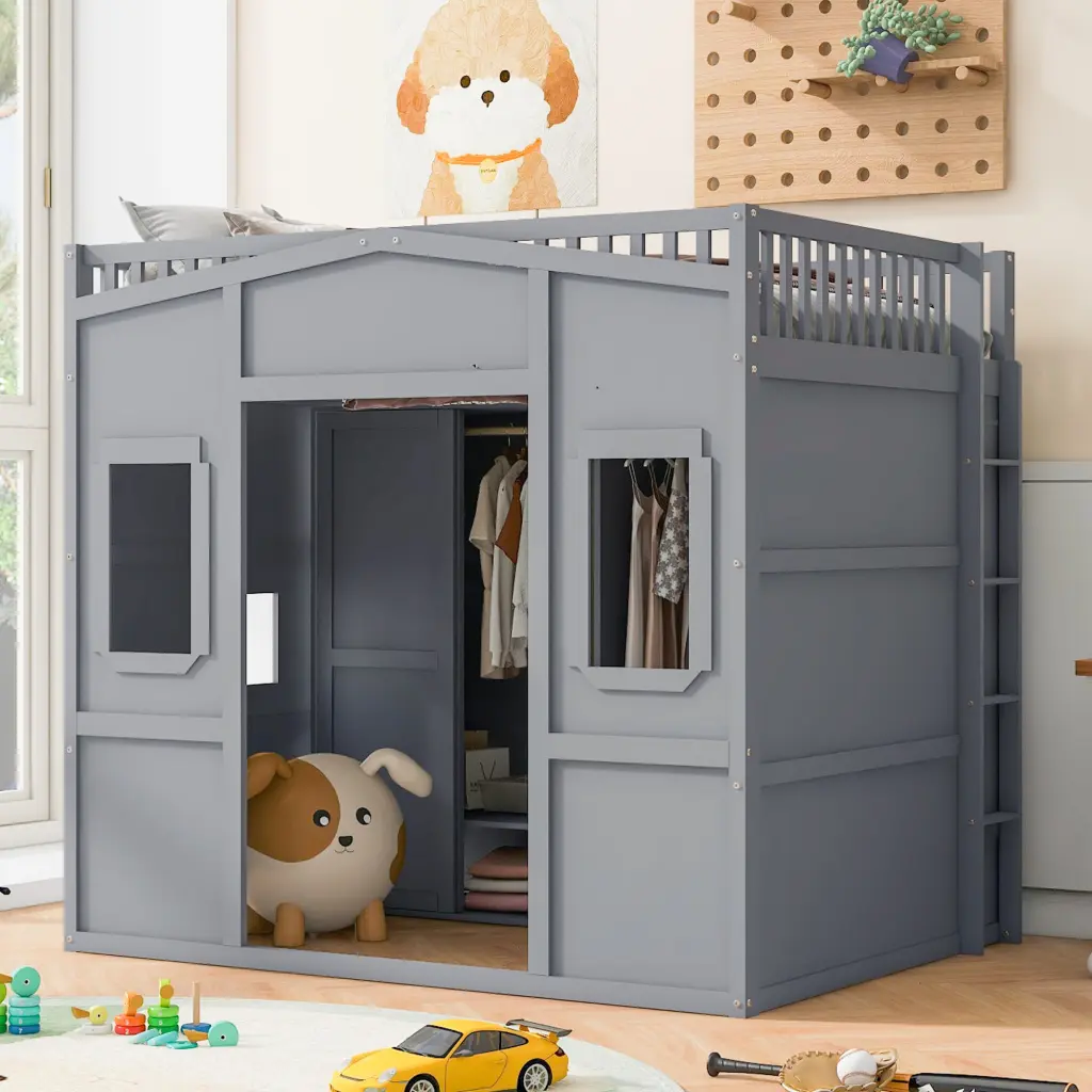 Full Dimensions Houtilize Loft Bed Ladder And Wardrobe Grey Full Grey Solid lucky furniture