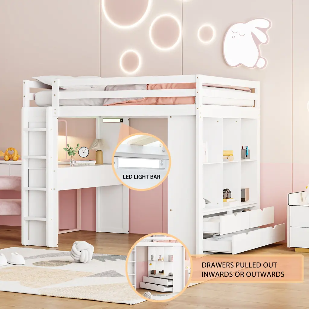 Full Dimensions Loft Bed Large Shelves Writing Desk and LED Light White Finish lucky furniture