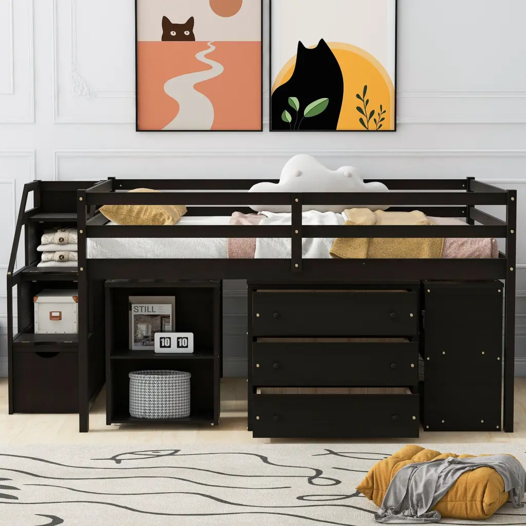Full Dimensions Loft Bed Retractable Writing Desk And 3 Drawers Wooden lucky furniture