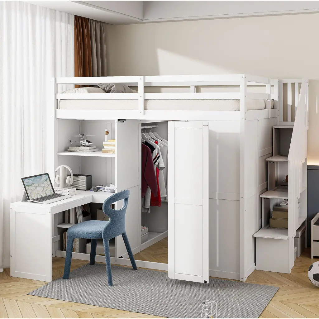 Full Dimensions Loft Bed Wardrobe Desk And Shelves White Mdf Lvl lucky furniture